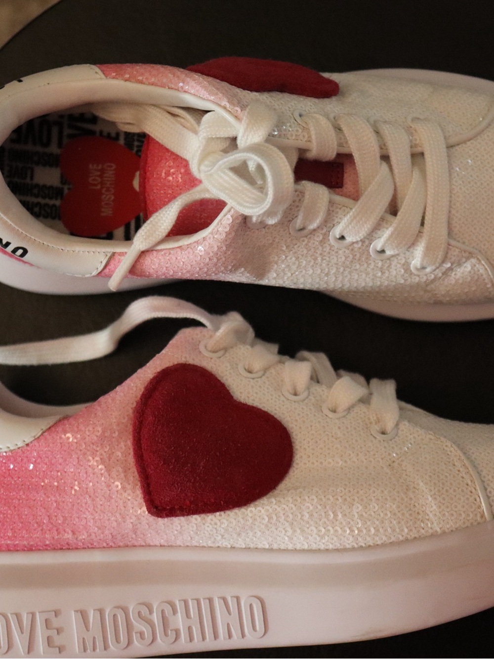 Love Moschino White Sequin Sneakers with Red Heart Accent